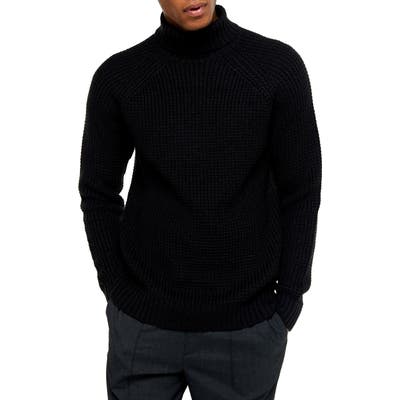 Topman Classic Fit Waffle Turtleneck Sweater, Black