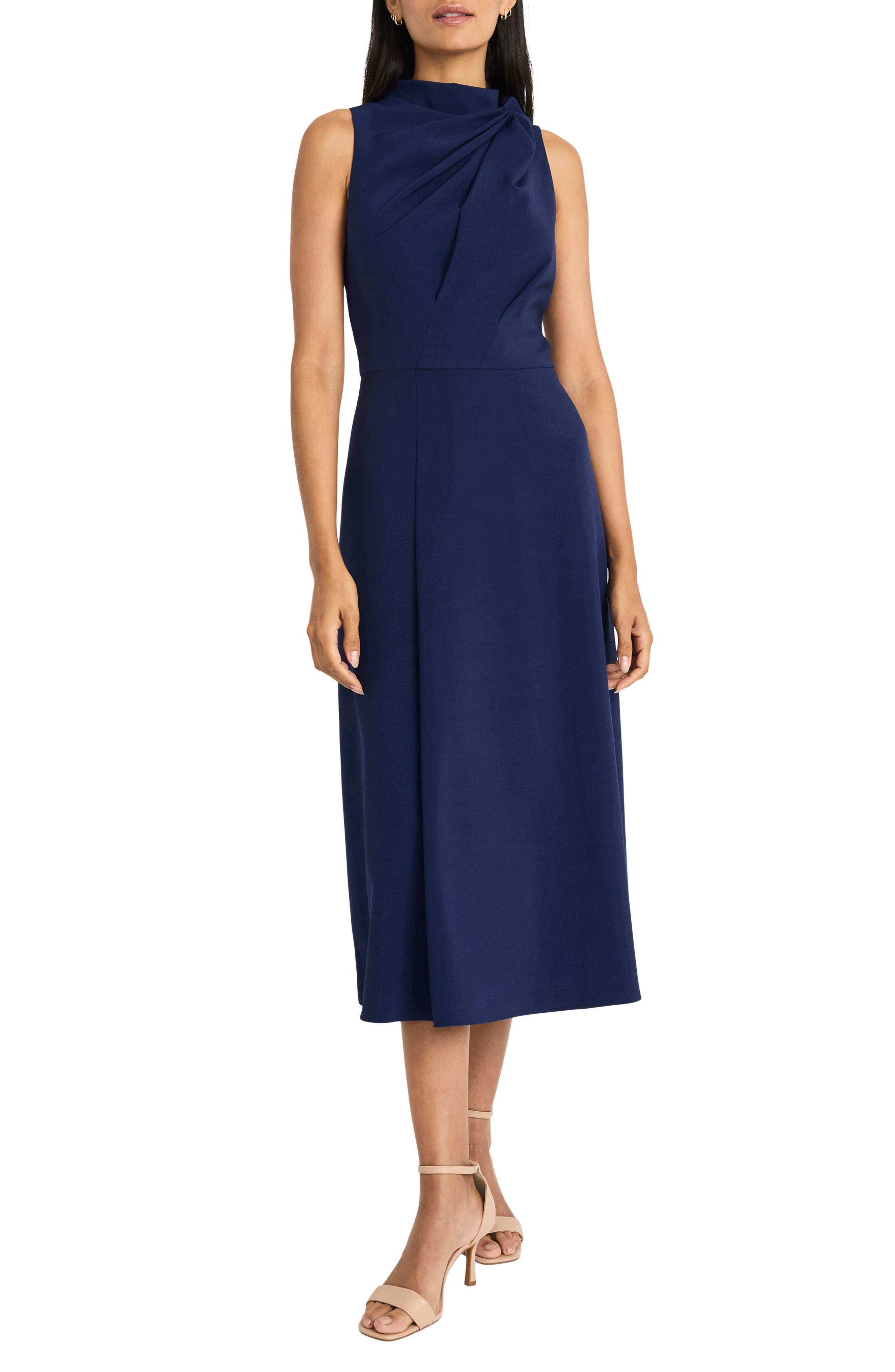 Maggy London Draped Bodice Flared Midi Dress in Ocean Cavern 