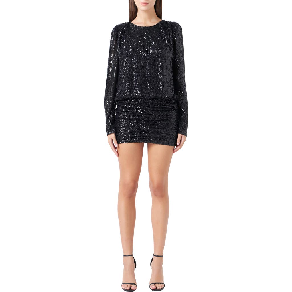 Endless Rose Ruched Long Sleeve Sequin Minidress In Black