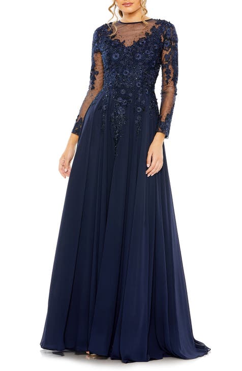 Embellished Lace Long Sleeve Mesh Ballgown
