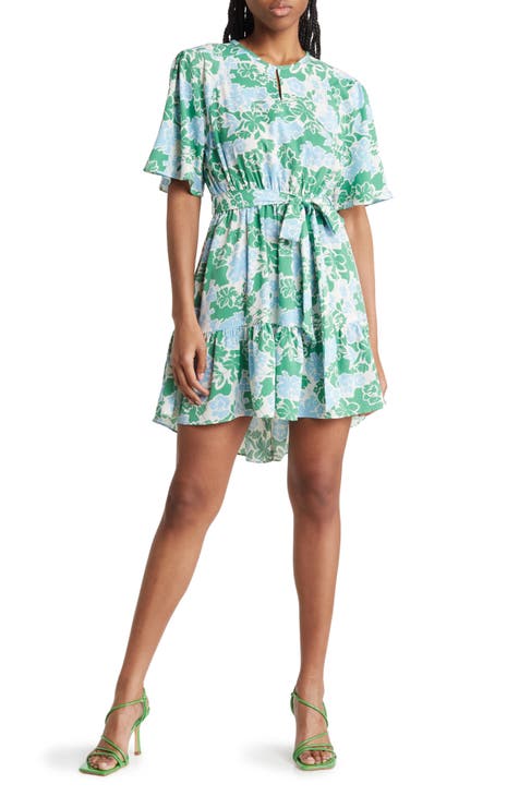 Floral Short Sleeve Tie Waist Dress