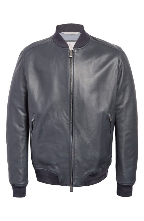 Canali Leather Bomber Jacket In Blue