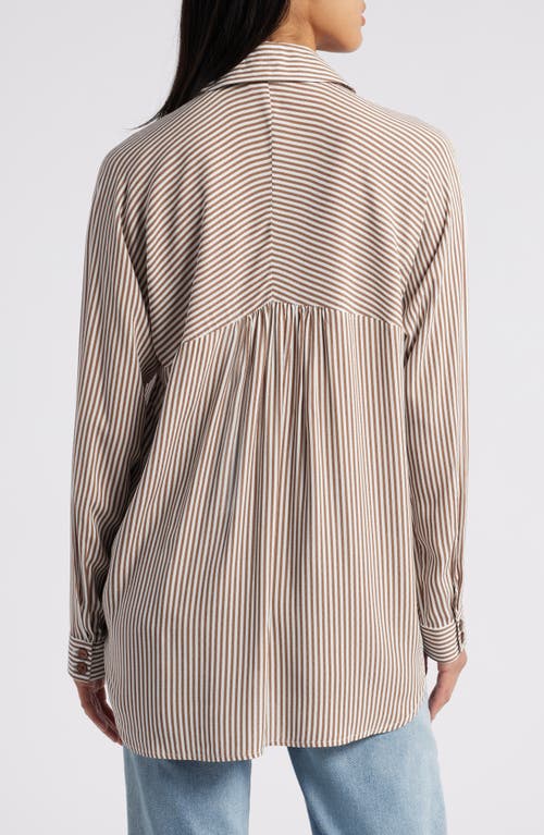 Bobeau Stripe Button-up Tunic In Ivory/deep Taupe Stripe