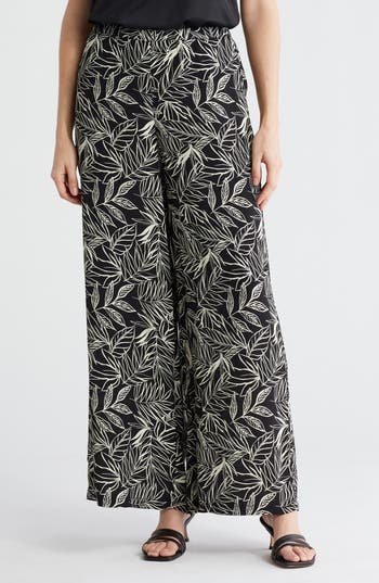 Adrianna Papell Printed Wide Leg Pants In Black/pebble Linear Leaf