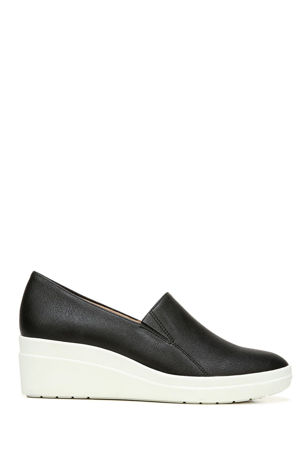 black wedge slip on shoes