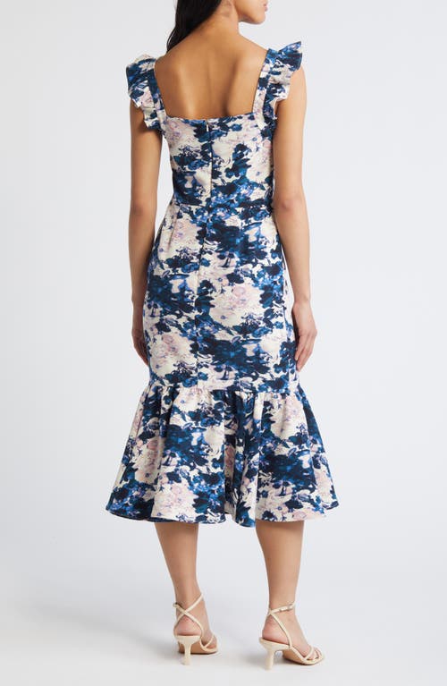 Shop Chelsea28 Ruffle Sleeve Midi Dress In Ivory- Navy Abstracted Garden