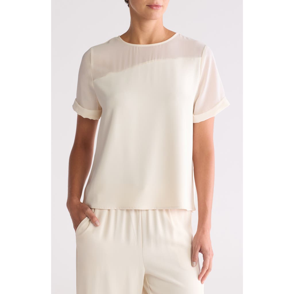 Melloday Mixed Media Stretch Top In Bone