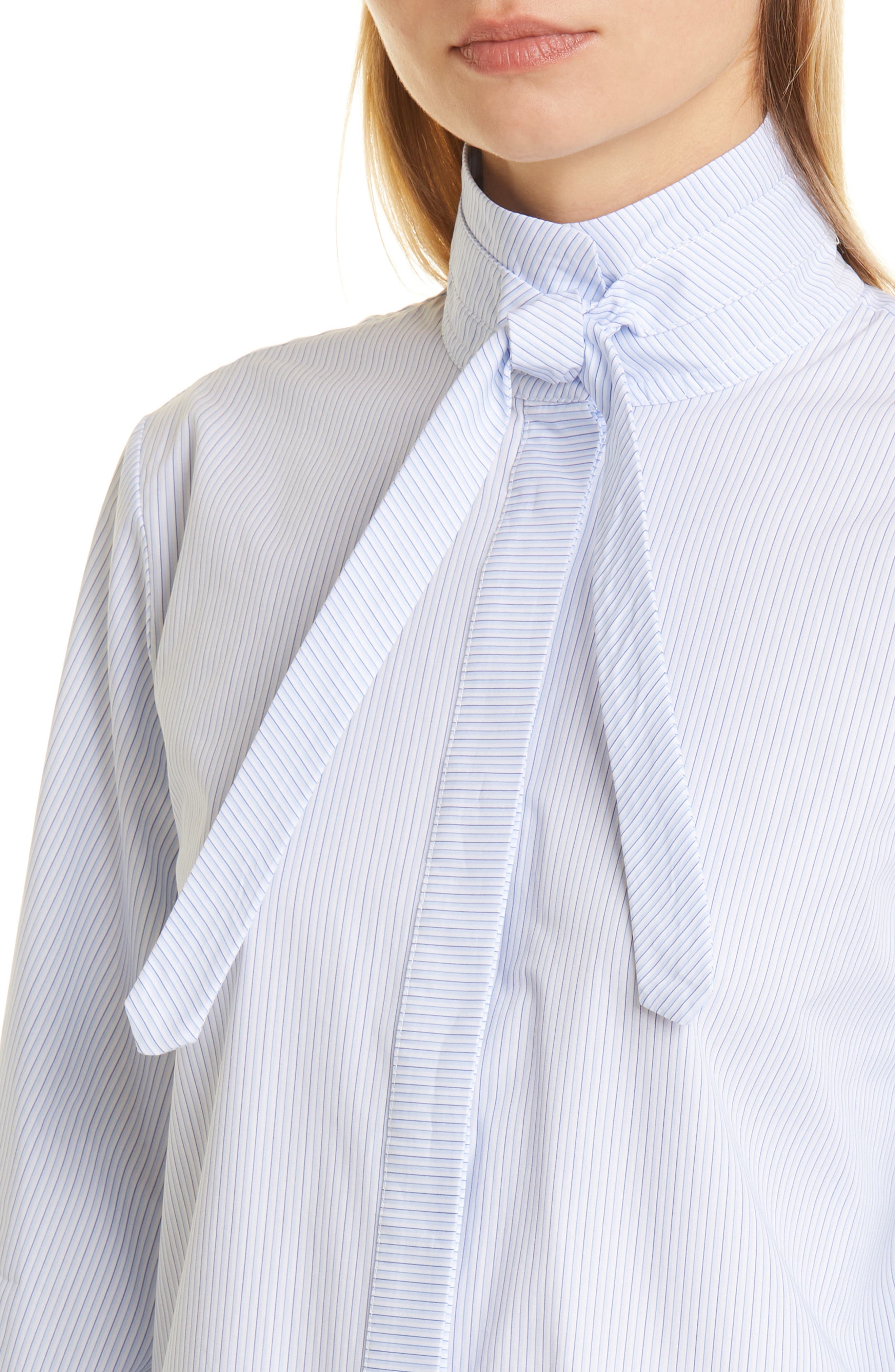 Nordstrom Clothing Shirts Mervis Tie Neck Cotton Shirt in Cambridge White/Baby Blue at Nordstrom 