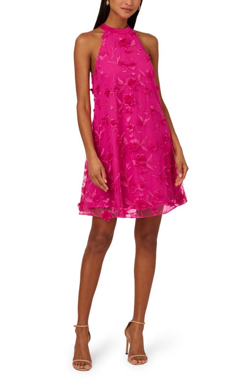 Adrianna Papell Floral Appliqué Halter Neck Minidress Cosmo Pink at Nordstrom,