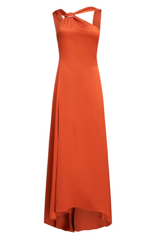 Shop Halston Genevieve Satin Asymmetric Halter Gown In Rooibos