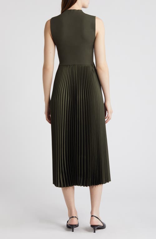 Shop Theory Pleated Sleeveless Mock Neck Midi Dress In Dark Olive