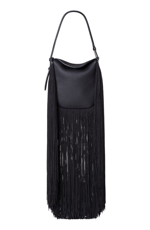 Mini Anna Fringe Leather Hobo Bag in Black