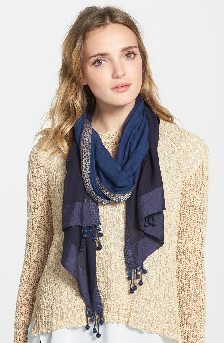 Eileen Fisher Ball Fringe Embroidered Border Cotton Scarf | Nordstrom