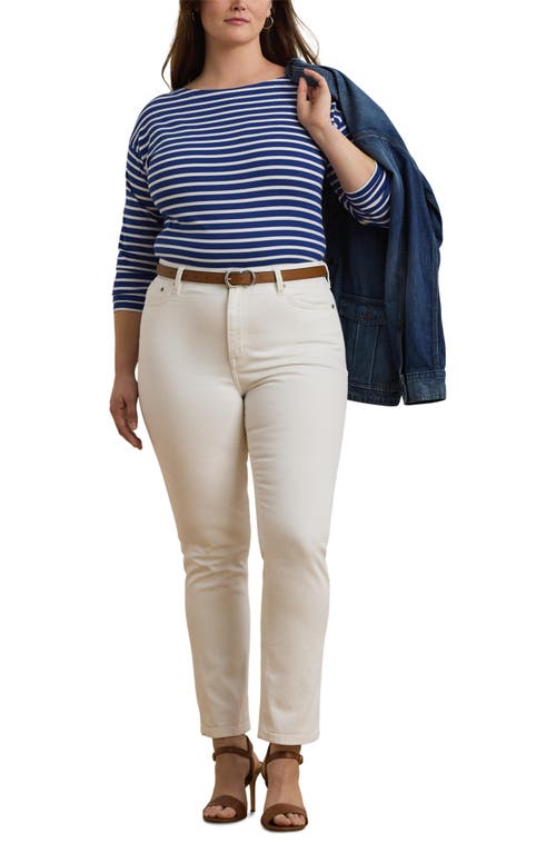 Ralph Lauren Lauren  Stripe Cotton Boat Neck T-shirt In New Sapphire/white