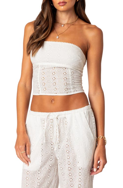 EDIKTED Lemon Eyelet Lace-Up Corset Crop Tube Top at Nordstrom