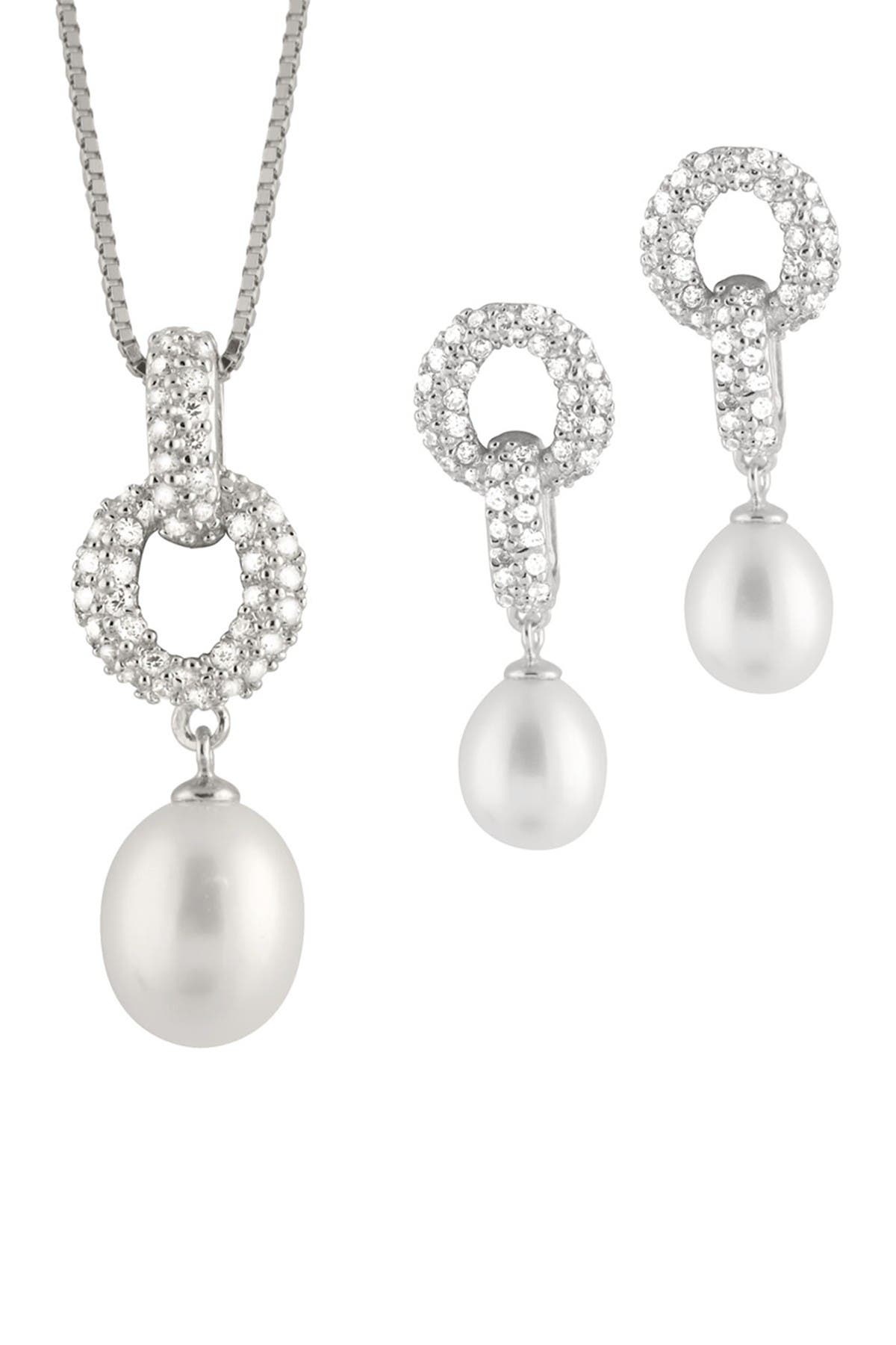 Splendid Pearls Cz Link & 8-9mm White Freshwater Pearl Necklace & Earrings Set