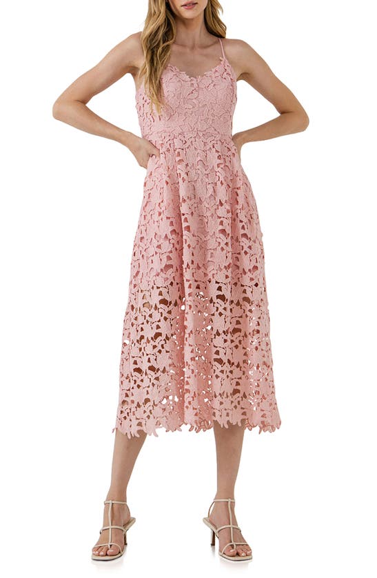 Shop Endless Rose Lace Spaghetti Strap Midi Dress In Blush