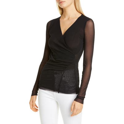 Fuzzi Mesh Faux Wrap Top, Black