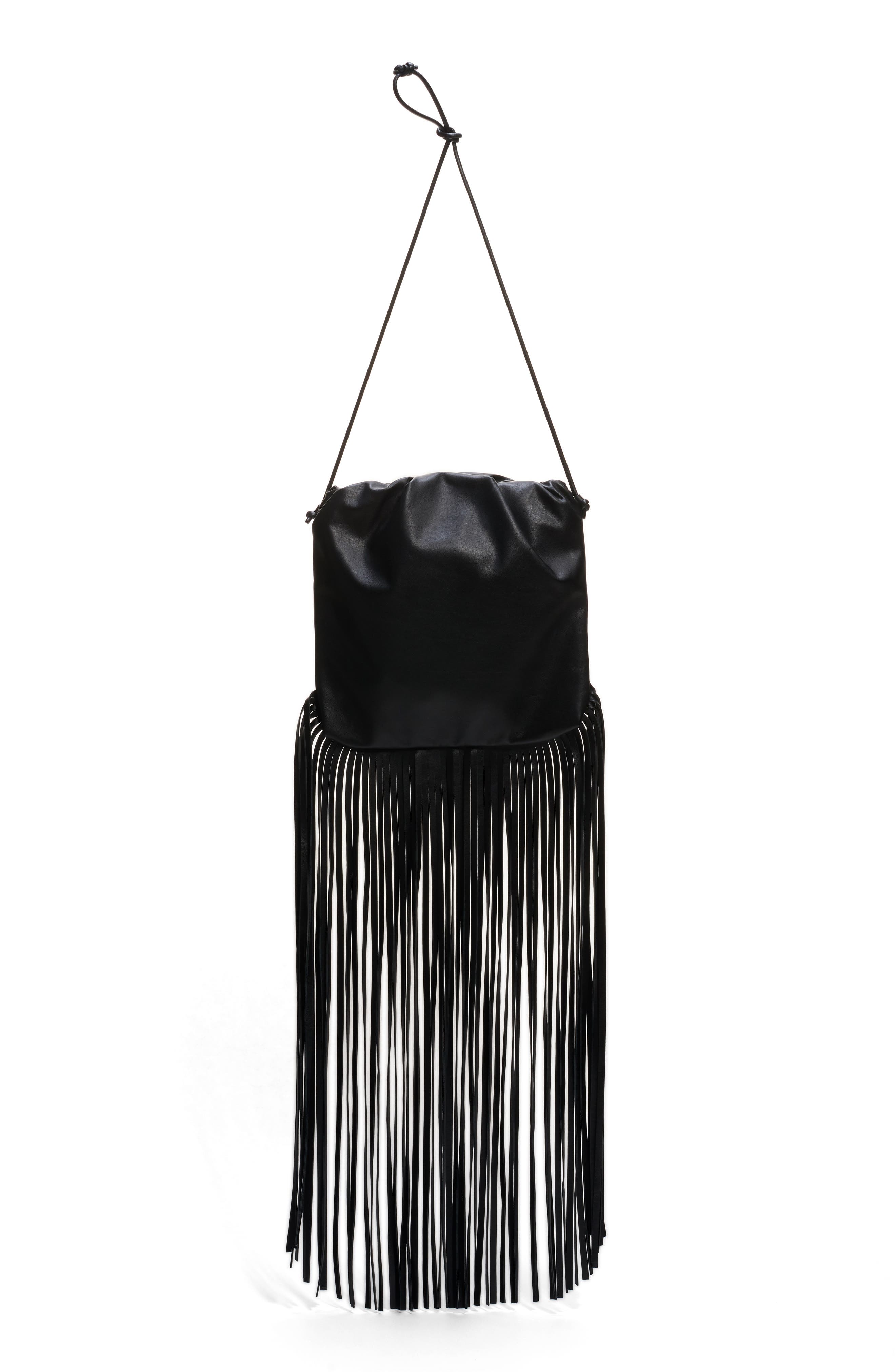 black leather fringe bag