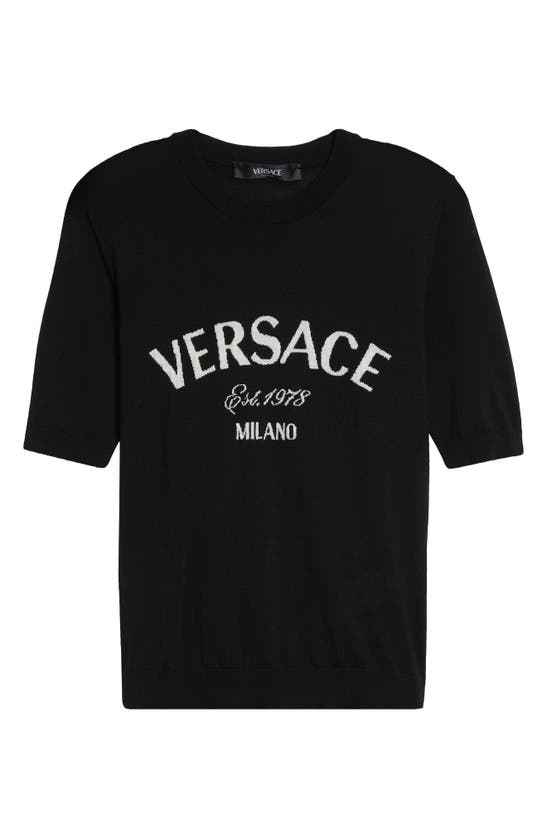 Versace Logo Short Sleeve Virgin Wool Sweater In Black