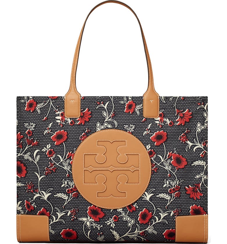 TORY BURCH Ella Floral Tote, Main, color, RED RETRO BLOCK PRINT