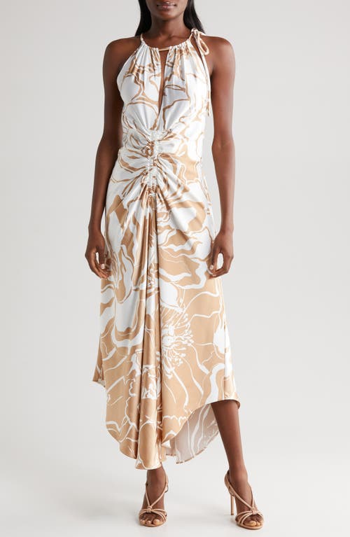 The Imani Cutout Ruched Maxi Dress in Taupe