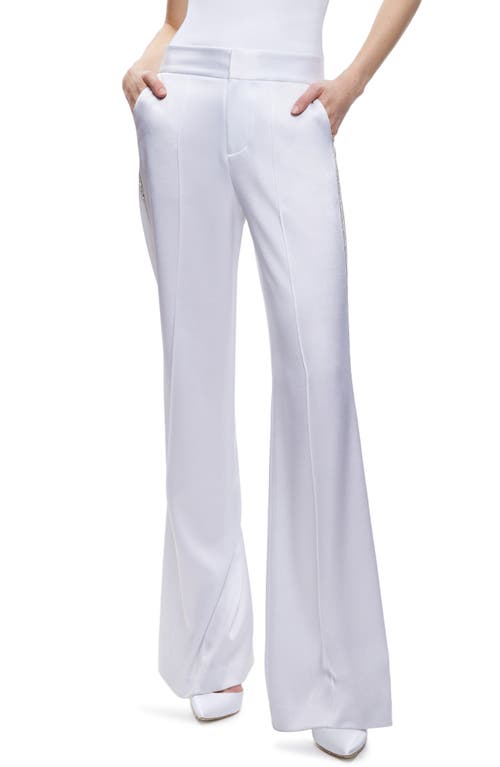 Alice + Olivia Dylan Crystal Embellished Wide Leg Satin Pants in White