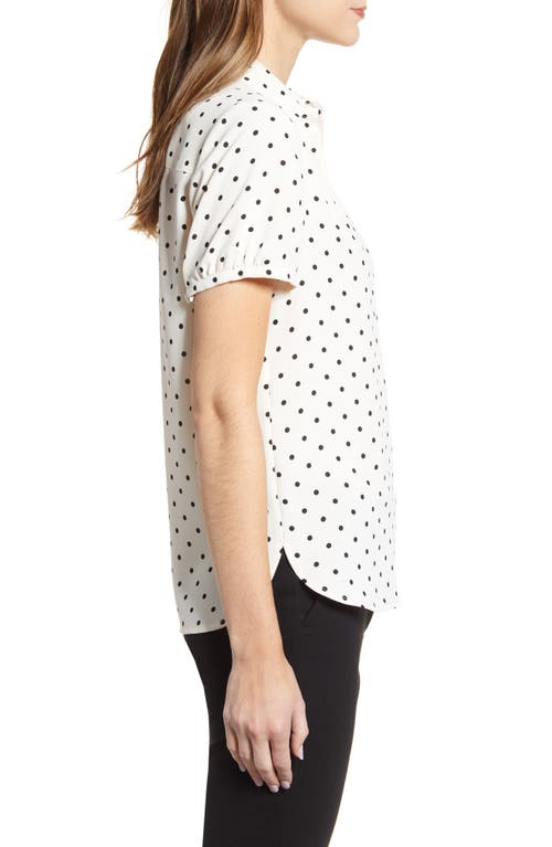 Shop Anne Klein Dot Print Collared Short Sleeve Blouse In Anne White/anne Black