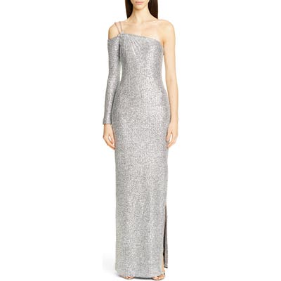St. John Collection Statement Asymmetrical One-Shoulder Sequin Knit Gown, Metallic