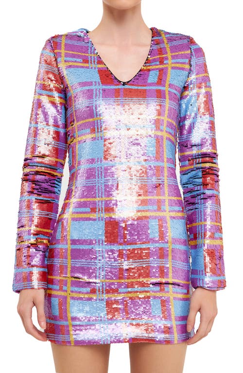 Shop Endless Rose Check Pattern Sequin Long Sleeve Dress In Purple/blue Multi