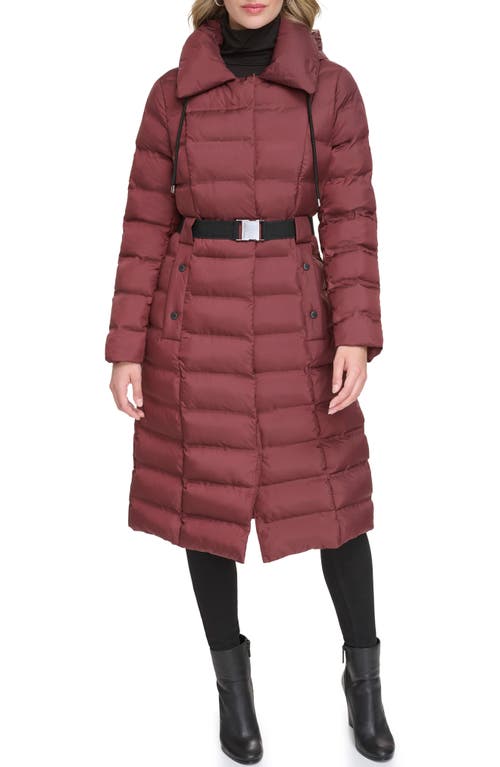 Cire Hooded Belted Puffer Jacket in Burgundy