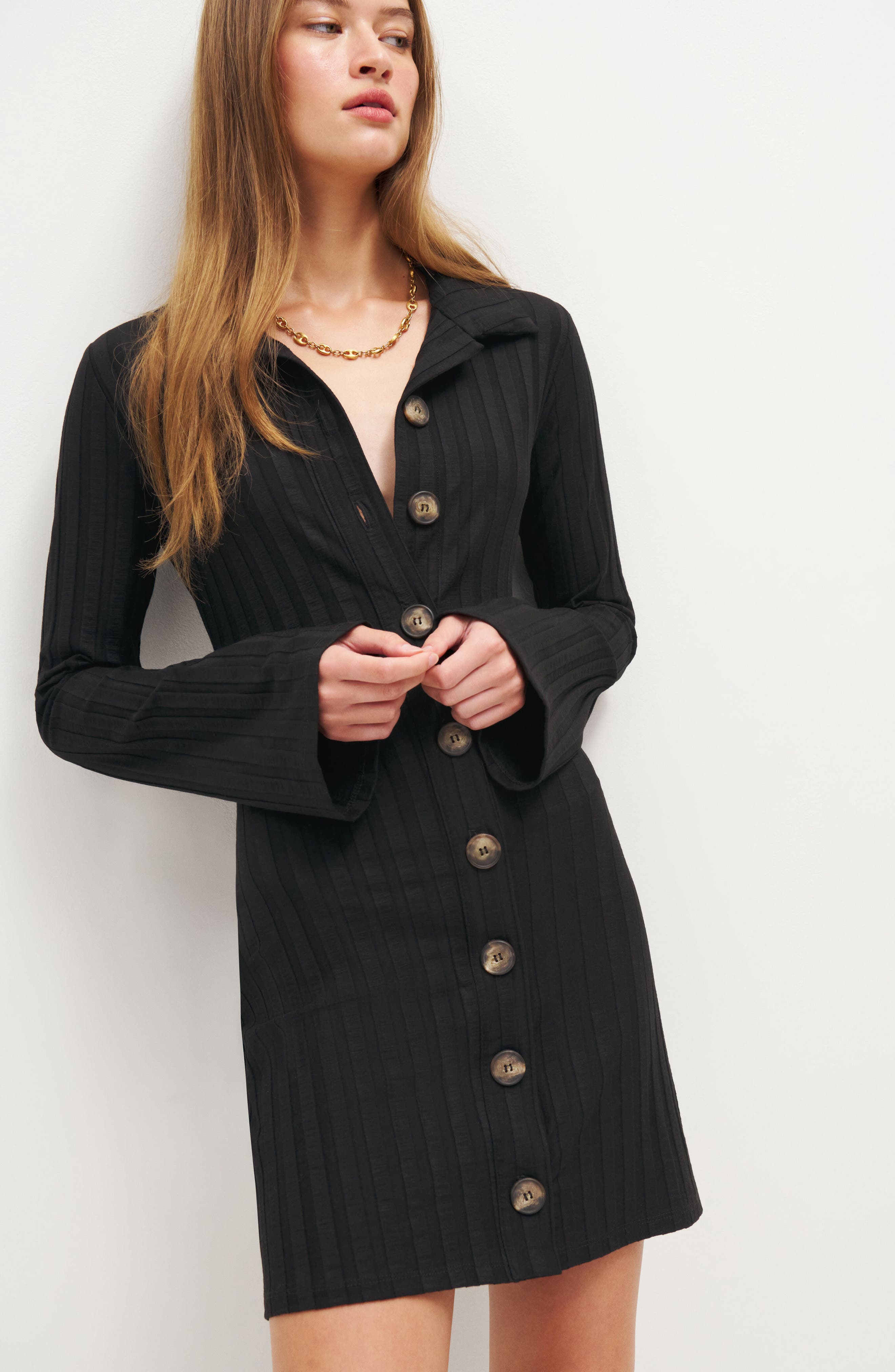 Reformation Benton Long Sleeve Rib Button-Up Minidress in Black | Smart  Closet