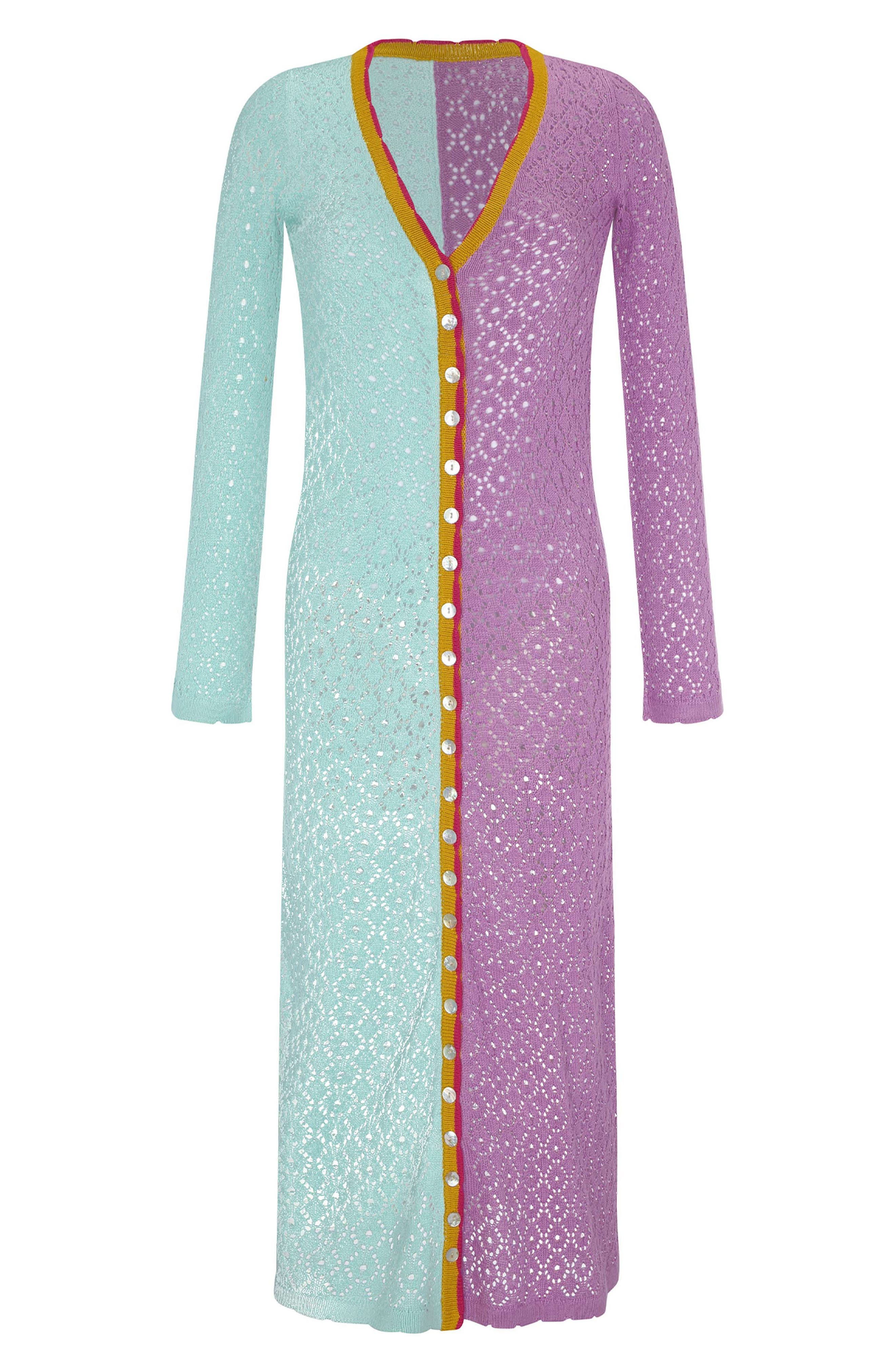 Capittana Alexandra Long Sleeve Colorblock Cover-Up Maxi Sweater Dress in  Purple/Teal Multi | Smart Closet