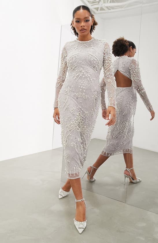 Asos Design Imitation Pearl & Crystal Long Sleeve Midi Dress In White