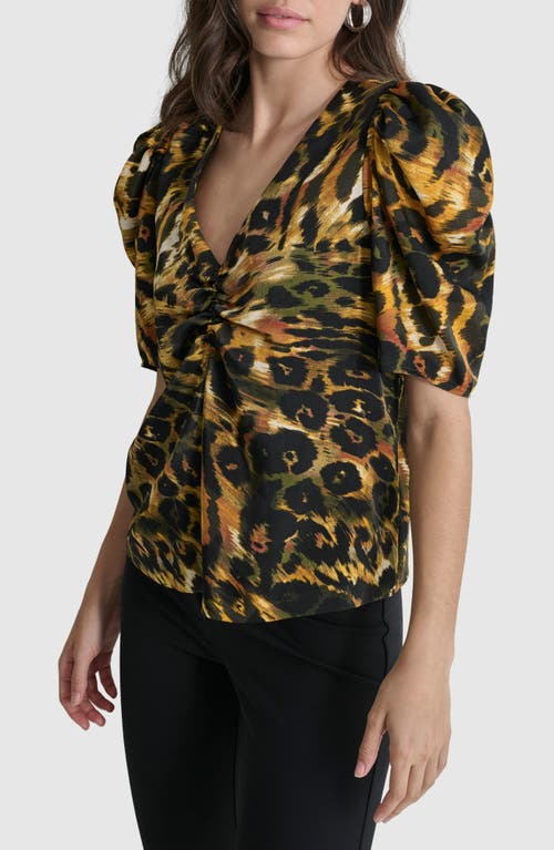 Shop Dkny Animal Print Puff Sleeve Top In Autumn Mix Animal