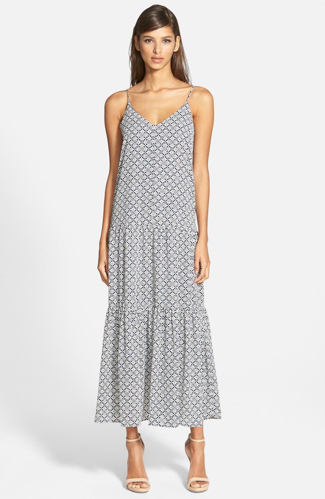 1 state tie neck long sleeve tiered maxi dress