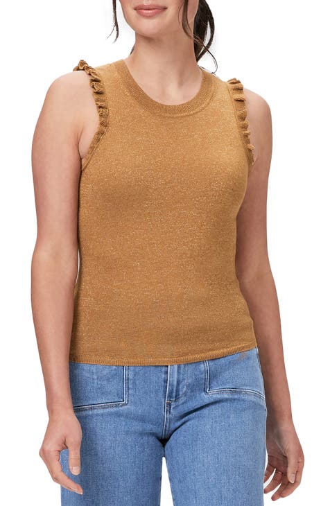 PAIGE Women's Gardenia Sleeveless Sweater - Dark Camel Cotton/Silk Blend With Ruffle Trim & Stitch Detail