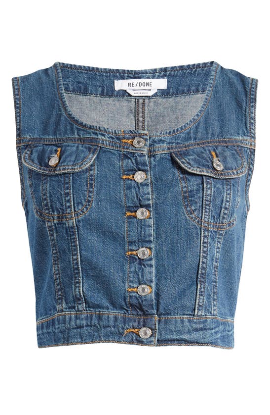 Shop Re/done Cotton Denim Crop Button-up Vest In Whiskey Indigo