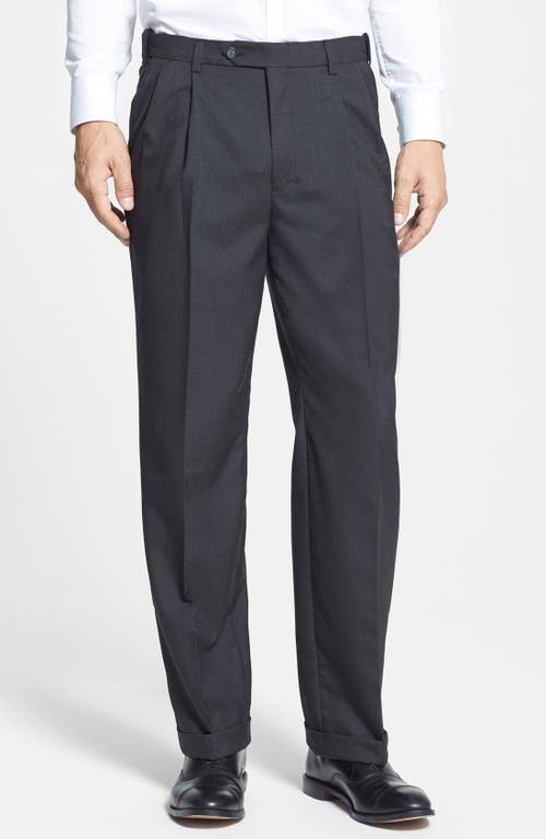 Berle Self Sizer Waist Plain Weave Flat Front Washable Trousers in Charcoal