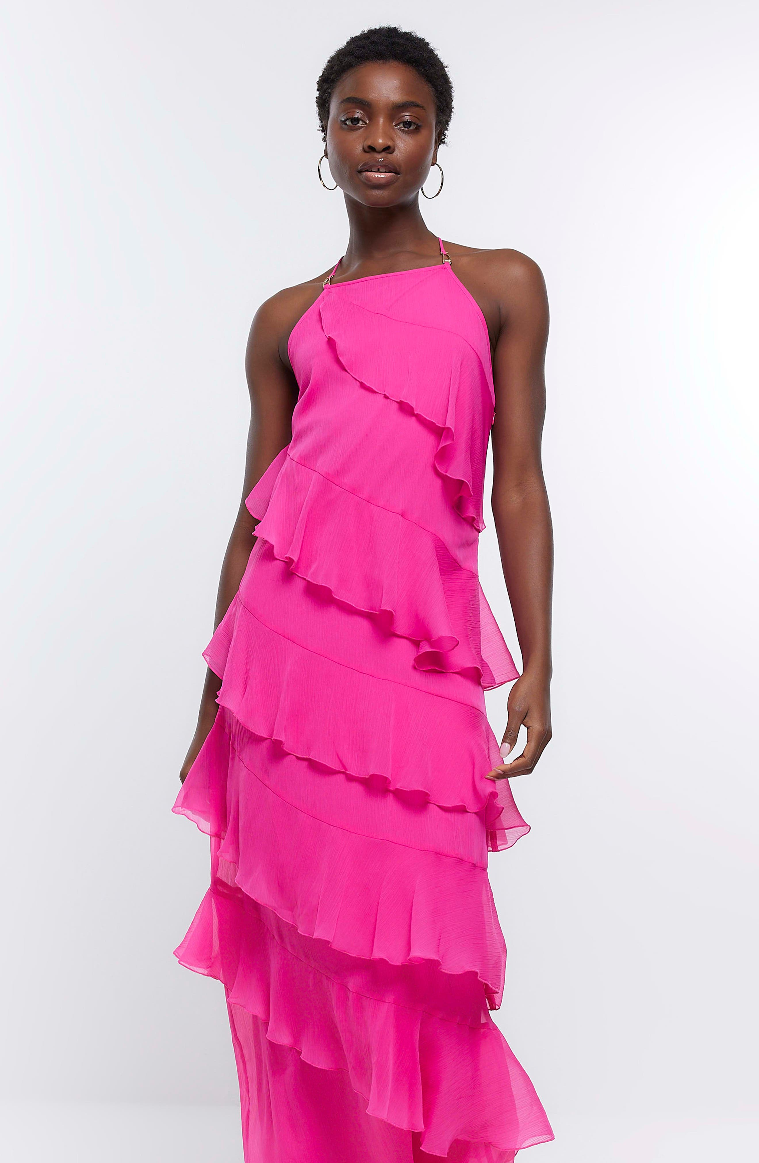 strapless open back dress Pink Ruffle Midi Dress L main image 0