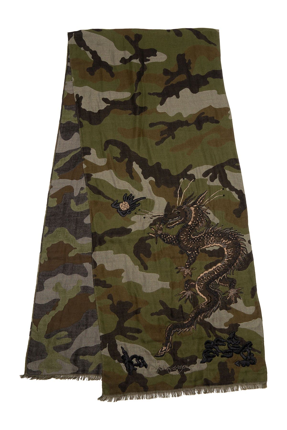 Valentino Embroidered Dragon Camo Print Scarf In Army