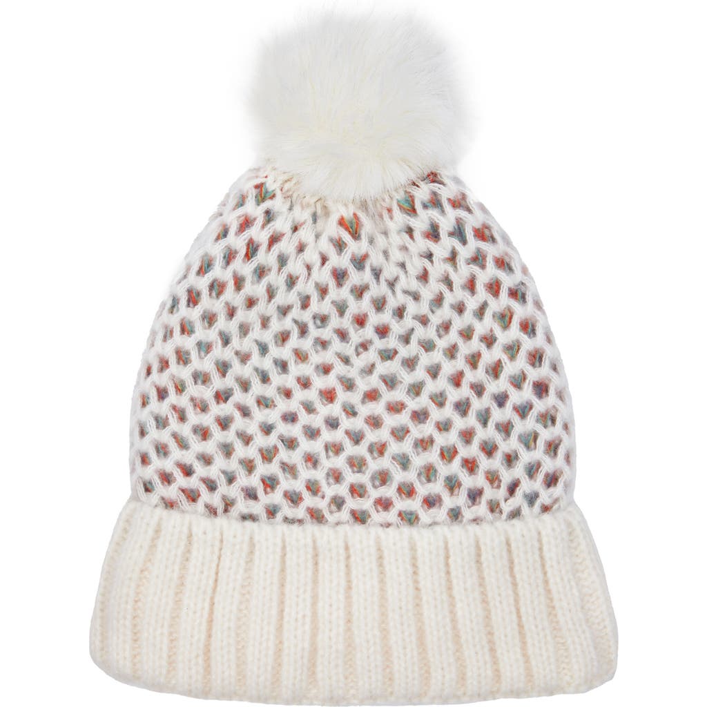 Saachi Faux Fur Pom Rainbow Patterned Knit Beanie In Ivory