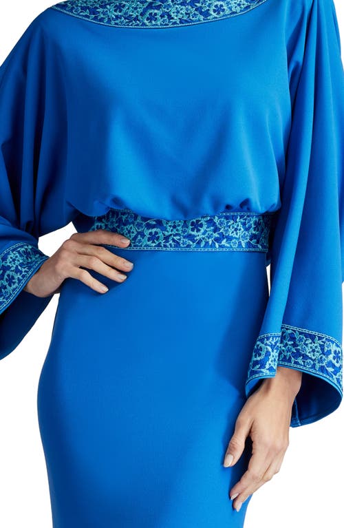 Shop Tadashi Shoji Drape Back Crepe Long Sleeve Gown In Blue Gaze