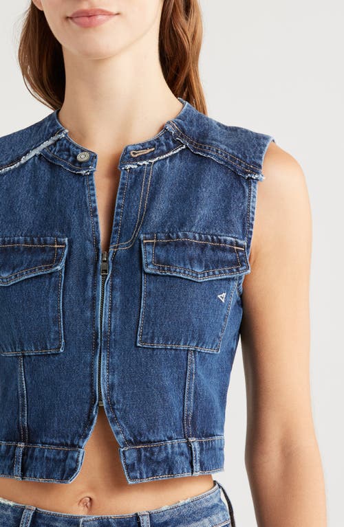 Shop Hidden Jeans Zip Front Crop Denim Vest In Dark Wash