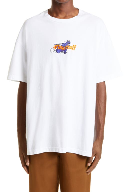 F-LAGSTUF-F Men's Oversize Embroidered Dino Logo Graphic Tee in White