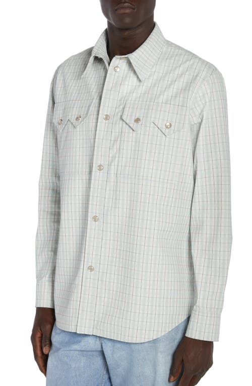 Shop Bottega Veneta Check Print Leather Snap-up Western Shirt In White/grey/mint