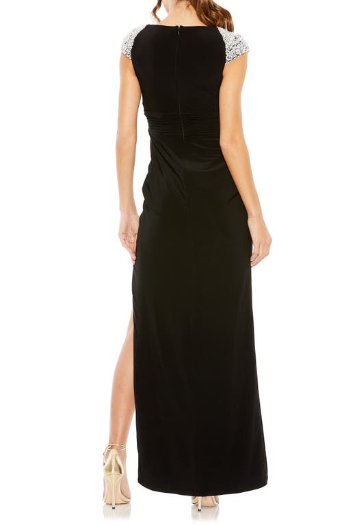 Shop Mac Duggal Imitation Pearl Cap Sleeve Gown In Black