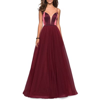 La Femme Velvet & Tulle Evening Dress, Burgundy