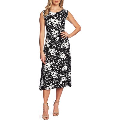 Chaus Floret Tracings Side Ruched Midi Dress, Black