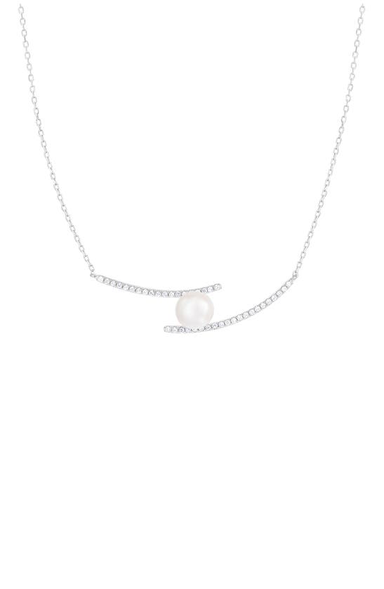 Splendid Pearls Sterling Silver Pavé Cz 7.5-8mm Pearl Pendant Necklace In White